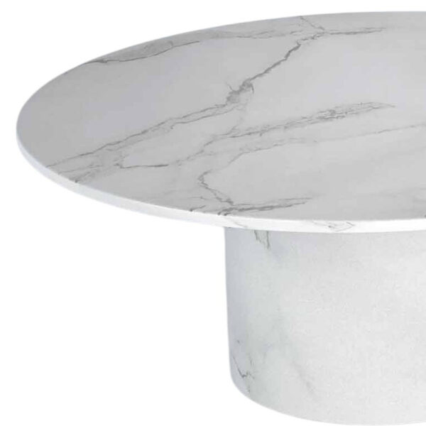 35" White Genuine Marble And Wood Round Pedestal Coffee Table