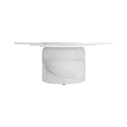 35" White Genuine Marble And Wood Round Pedestal Coffee Table