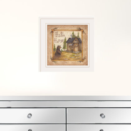 Bath House and Bear White Framed Print Bathroom Wall Art
