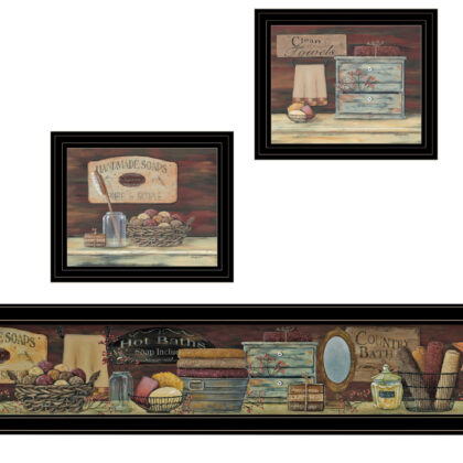 Set Of Three Country Bath 2 Black Framed Print Bathroom Wall Art