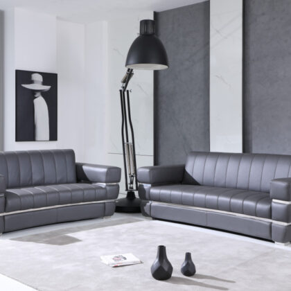 Two Piece Indoor Dark Gray Italian Leather Five Person Seating Set