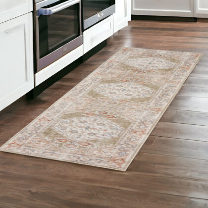 8' Sage Oriental Power Loom Distressed Washable Runner Rug