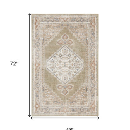 4' X 6' Sage Oriental Power Loom Distressed Washable Area Rug