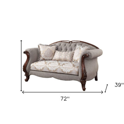 72" Beige And Dark Brown Linen Loveseat and Toss Pillows