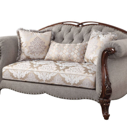 72" Beige And Dark Brown Linen Loveseat and Toss Pillows