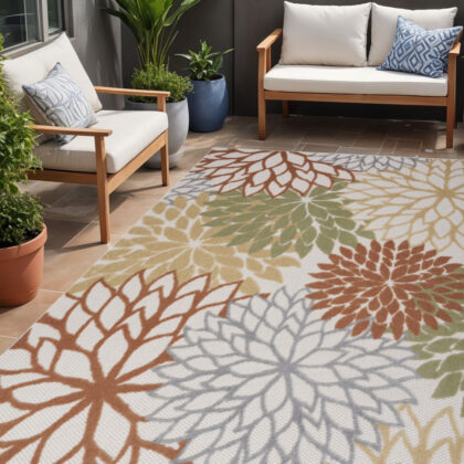 5' X 7' Ivory Green and Blue Indoor Outdoor Area Rug