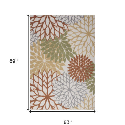 5' X 7' Ivory Green and Blue Indoor Outdoor Area Rug