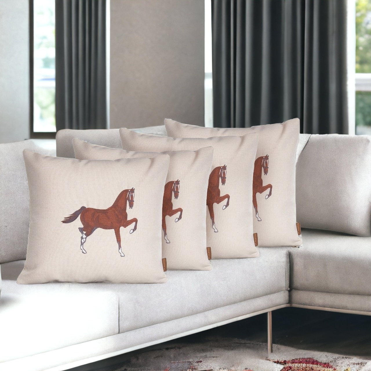 Set of Four 18" X 18" Beige Horse Polyester Zippered Pillow With Embroidery - Image 2