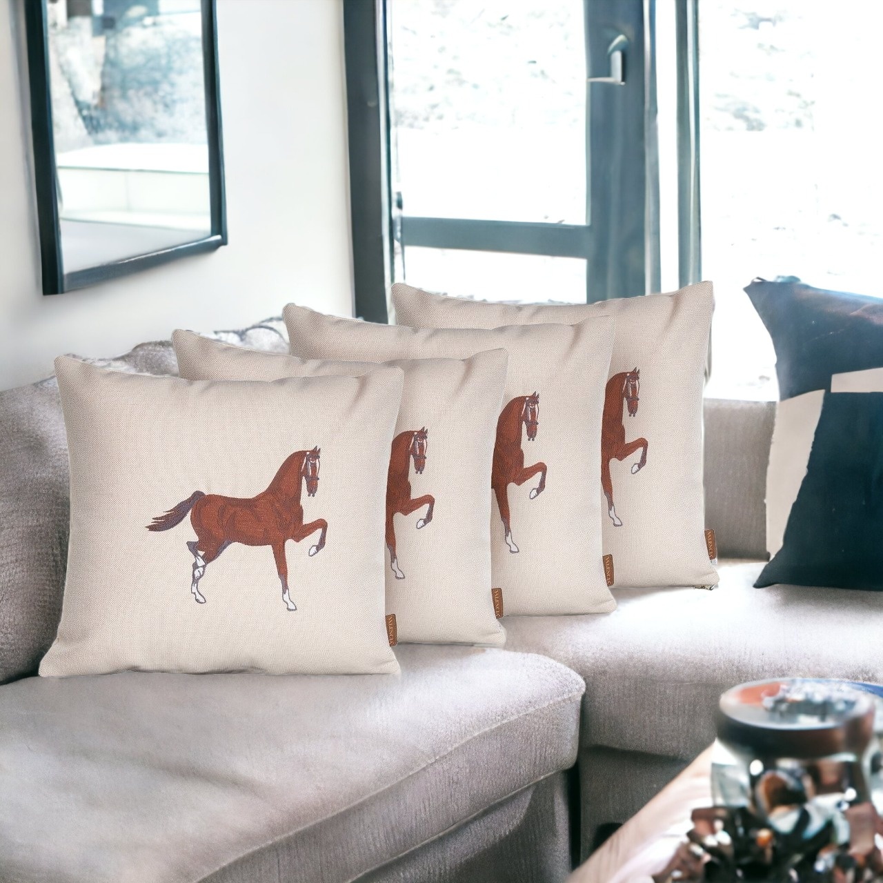 Set of Four 18" X 18" Beige Horse Polyester Zippered Pillow With Embroidery - Image 6