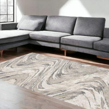 5' X 8' Natural Abstract Wave Brushstrokes Indoor Area Rug