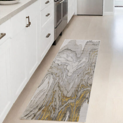 8' Gold and Ivory Abstract Runner Rug