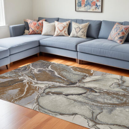 10' x 13' Gray and Brown Marble Power Loom Area Rug