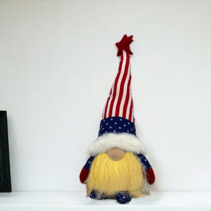 14" Red White and Blue Fabric Standing Gnome Tabletop Sculpture With LED