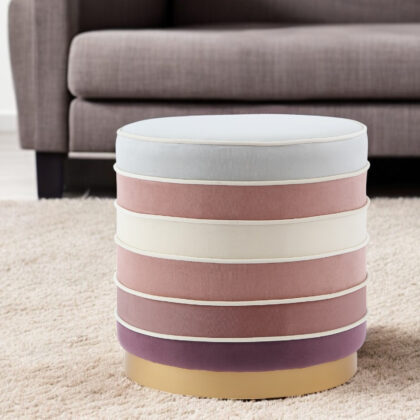 18" Blush Velvet And Gold Round Striped Ottoman