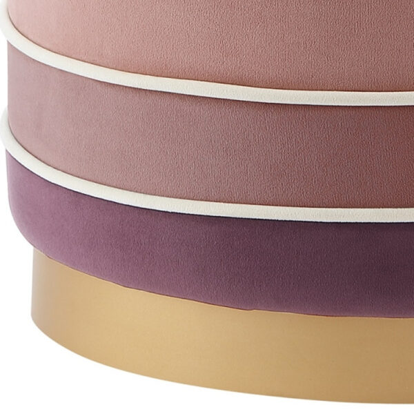 18" Blush Velvet And Gold Round Striped Ottoman