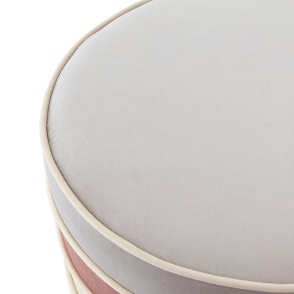 18" Blush Velvet And Gold Round Striped Ottoman