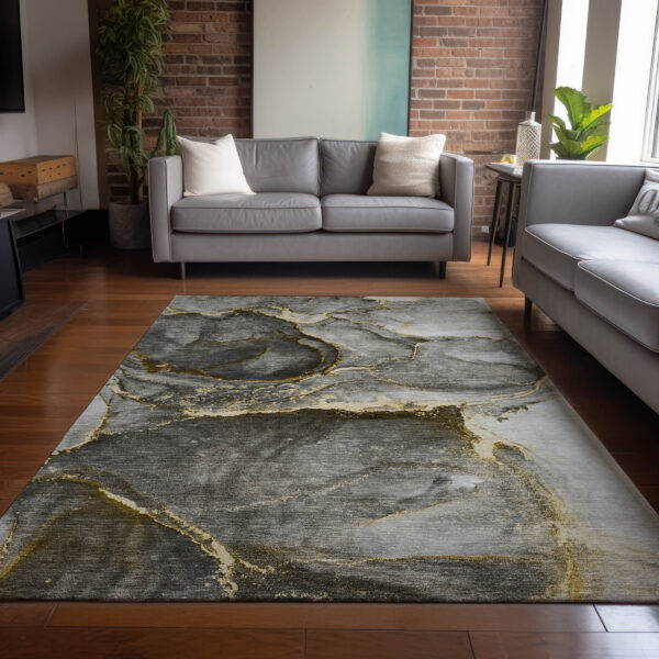 3' X 5' Gray and Gold Abstract Washable Non Skid Indoor Outdoor Area Rug