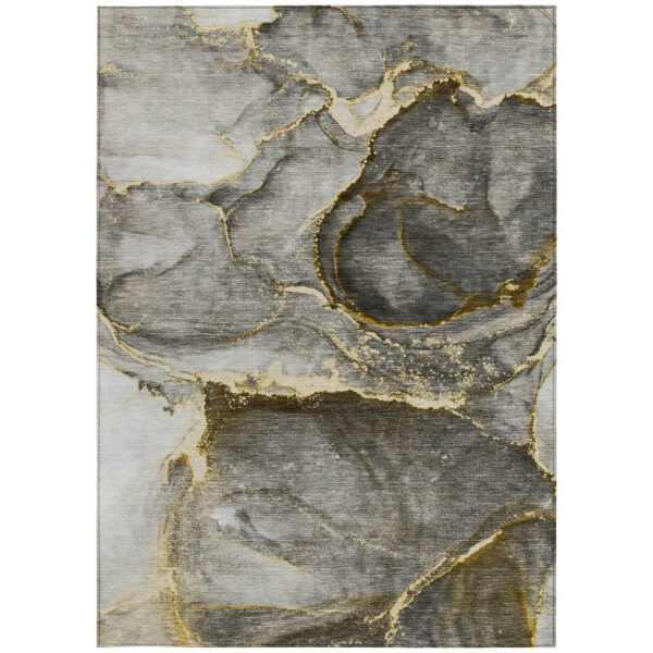 3' X 5' Gray and Gold Abstract Washable Non Skid Indoor Outdoor Area Rug