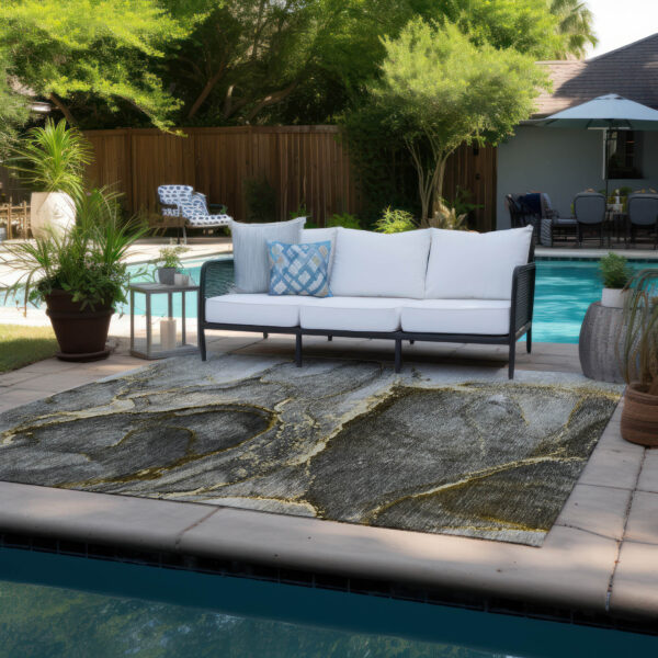 3' X 5' Gray and Gold Abstract Washable Non Skid Indoor Outdoor Area Rug