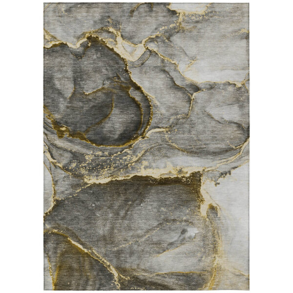 3' X 5' Gray and Gold Abstract Washable Non Skid Indoor Outdoor Area Rug