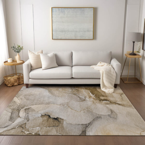 9' X 12' Beige and Brown Abstract Washable Indoor Outdoor Area Rug