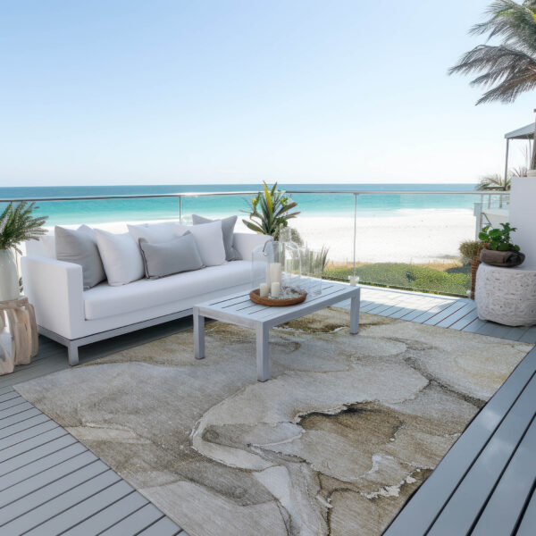9' X 12' Beige and Brown Abstract Washable Indoor Outdoor Area Rug