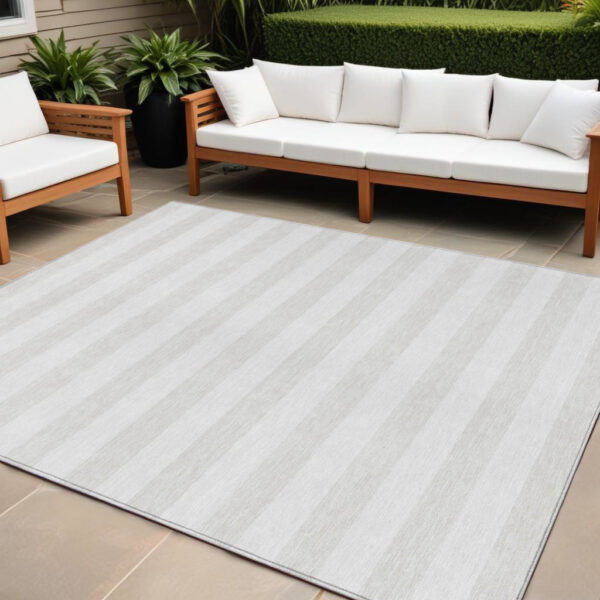 10' X 14' Ivory Striped Washable Indoor Outdoor Area Rug