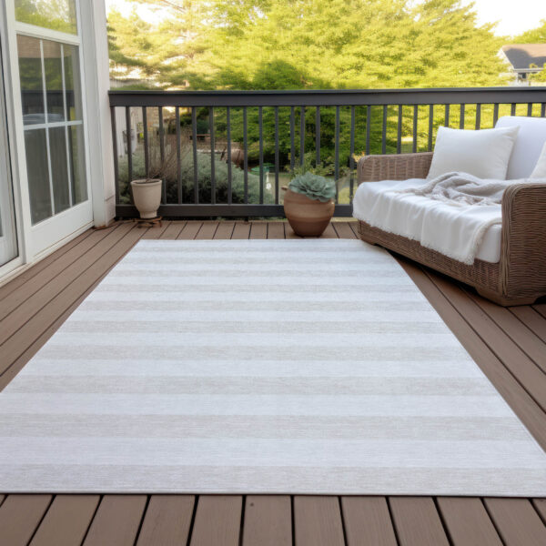 10' X 14' Ivory Striped Washable Indoor Outdoor Area Rug