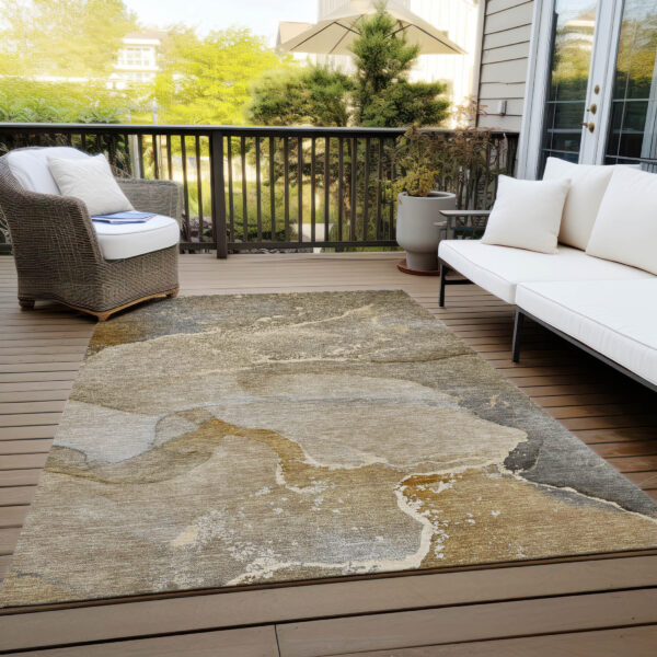 8' X 10' Brown Beige and Gold Abstract Washable Indoor Outdoor Area Rug