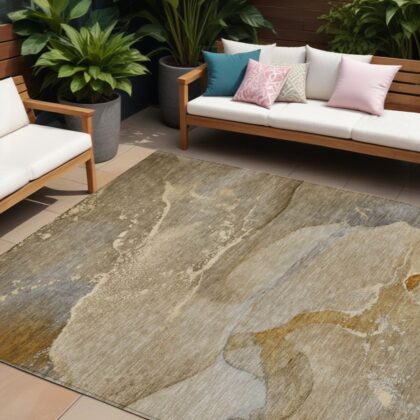 8' X 10' Brown Beige and Gold Abstract Washable Indoor Outdoor Area Rug
