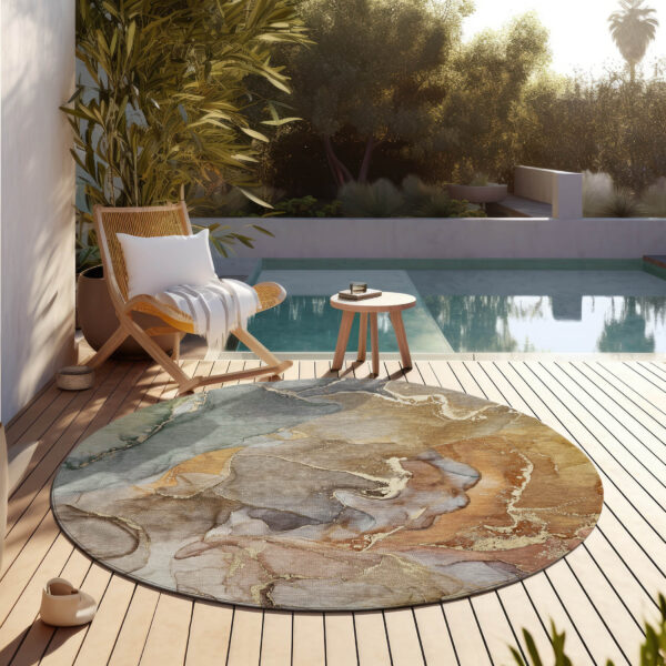 8' Round Gray and Gold Round Abstract Washable Non Skid Indoor Outdoor Area Rug