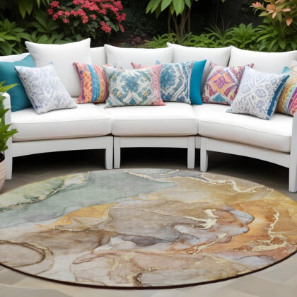 8' Round Gray and Gold Round Abstract Washable Non Skid Indoor Outdoor Area Rug