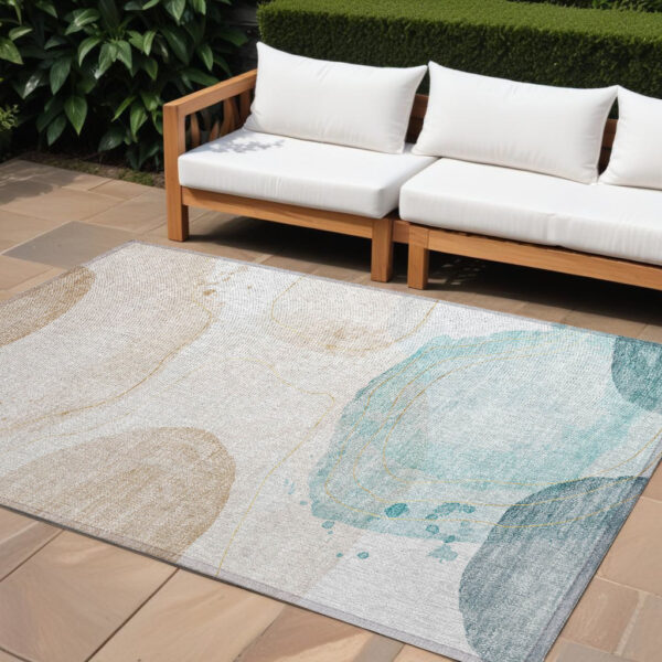 10' X 14' Beige and Blue Abstract Washable Non Skid Indoor Outdoor Area Rug