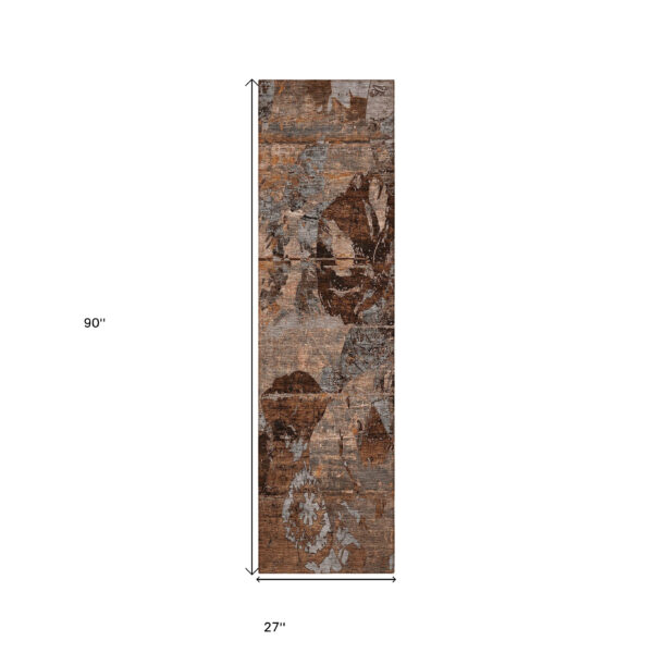 2' X 8' Brown Terracotta and Gray Abstract Washable Indoor Outdoor Runner Rug