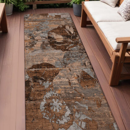 2' X 8' Brown Terracotta and Gray Abstract Washable Indoor Outdoor Runner Rug