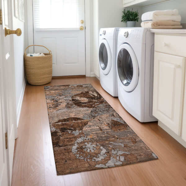 2' X 8' Brown Terracotta and Gray Abstract Washable Indoor Outdoor Runner Rug