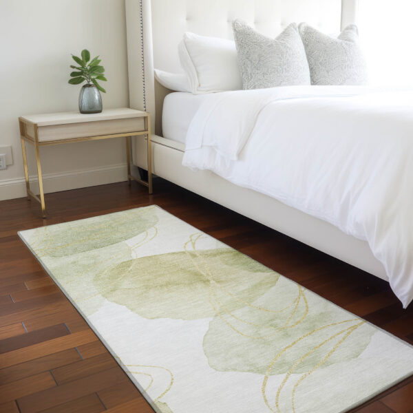 2' X 8' Green and Ivory Abstract Washable Non Skid Indoor Outdoor Runner Rug