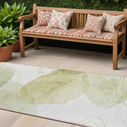 2' X 8' Green and Ivory Abstract Washable Non Skid Indoor Outdoor Runner Rug
