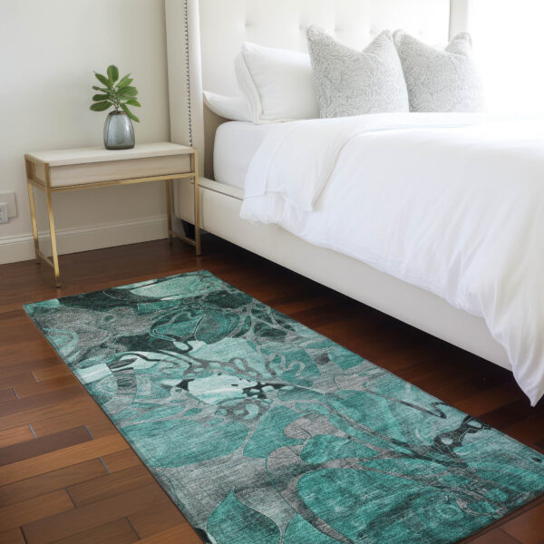 2' X 8' Teal Black and Gray Abstract Washable Indoor Outdoor Runner Rug