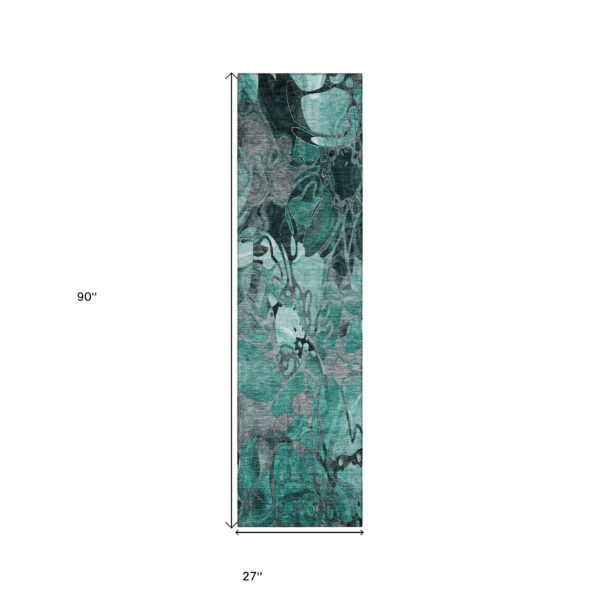 2' X 8' Teal Black and Gray Abstract Washable Indoor Outdoor Runner Rug