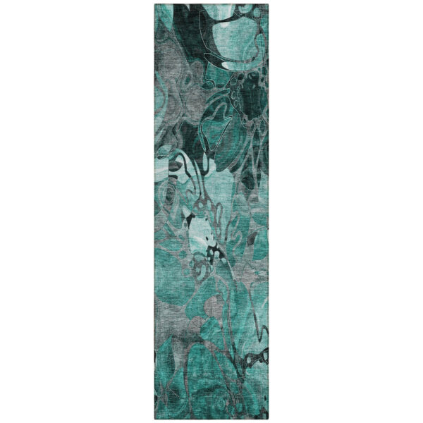 2' X 8' Teal Black and Gray Abstract Washable Indoor Outdoor Runner Rug