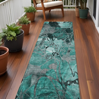 2' X 8' Teal Black and Gray Abstract Washable Indoor Outdoor Runner Rug