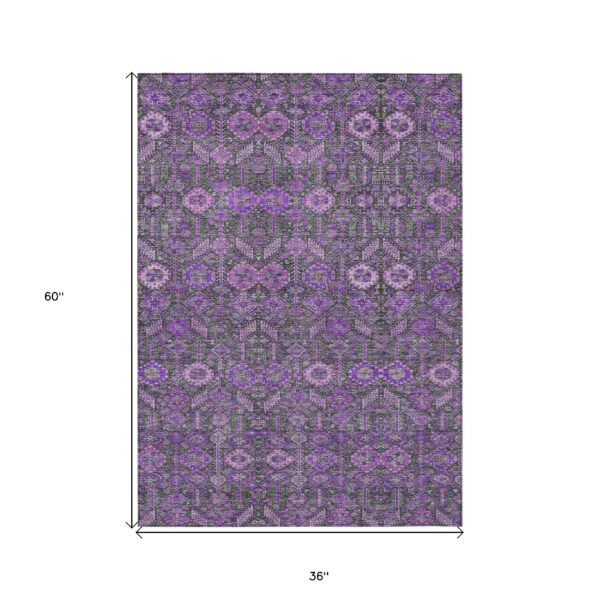 3' X 5' Purple and Green Floral Washable Non Skid Indoor Outdoor Area Rug
