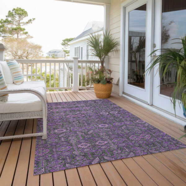 3' X 5' Purple and Green Floral Washable Non Skid Indoor Outdoor Area Rug