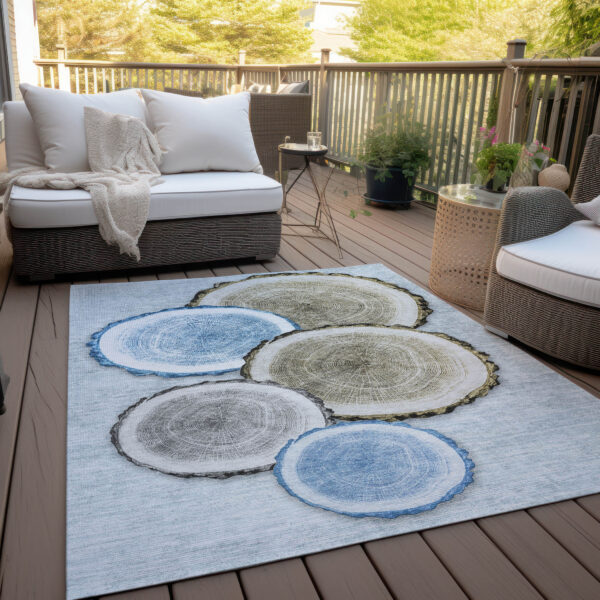 8' X 10' Blue Gold and Gray Faux Bois Washable Non Skid Indoor Outdoor Area Rug