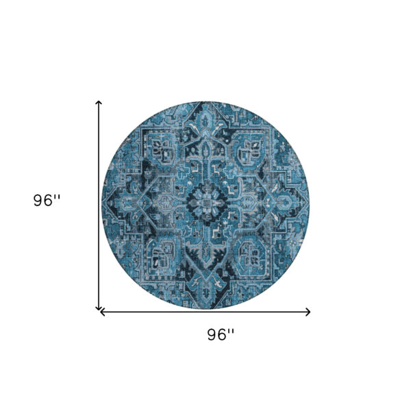 8' Round Denim and Gray Round Oriental Washable Non Skid Indoor Outdoor Area Rug