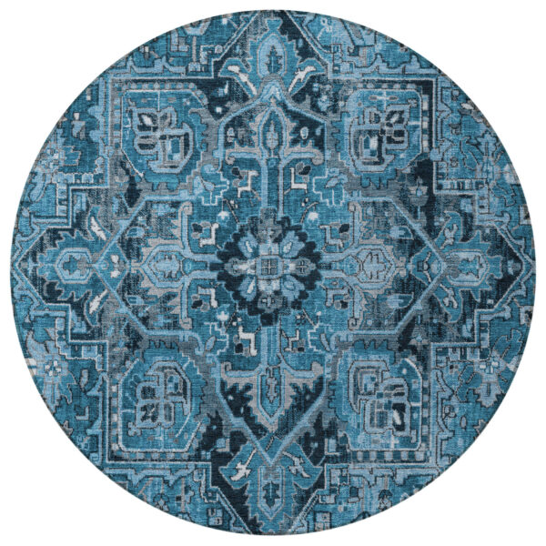 8' Round Denim and Gray Round Oriental Washable Non Skid Indoor Outdoor Area Rug