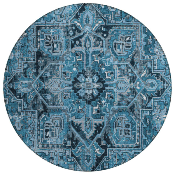 8' Round Denim and Gray Round Oriental Washable Non Skid Indoor Outdoor Area Rug