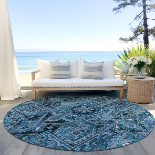 8' Round Denim and Gray Round Oriental Washable Non Skid Indoor Outdoor Area Rug
