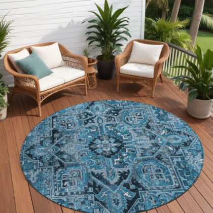 8' Round Denim and Gray Round Oriental Washable Non Skid Indoor Outdoor Area Rug